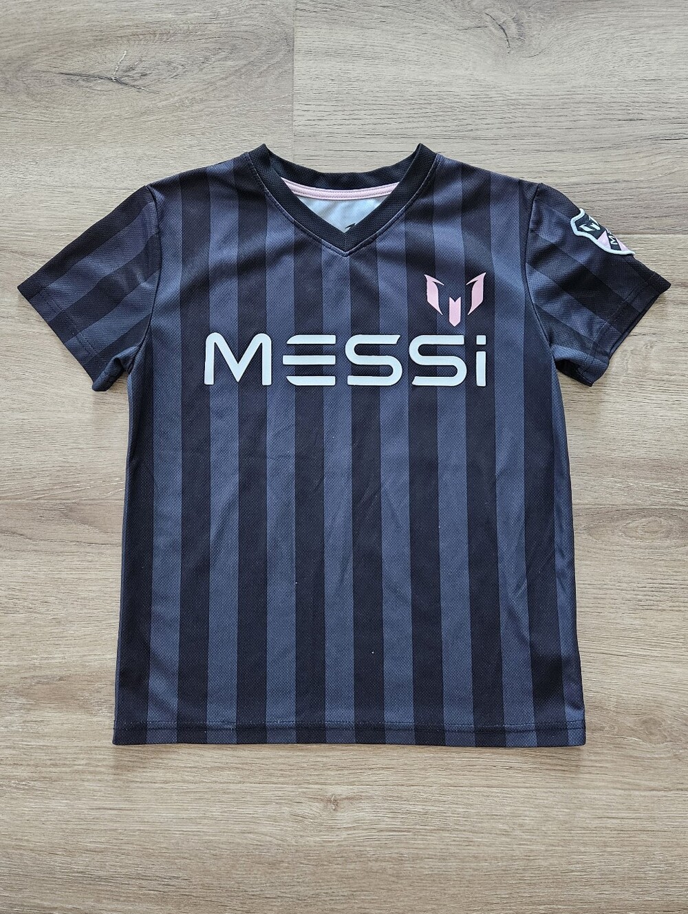 Messi Black and Gray Striped Short Sleeve Soccer Jersey Size S